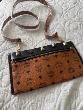 Cognac and Black Visetos Logo Crossbody with Gold Studs